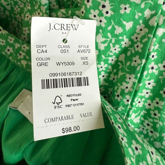 J.Crew Factory XS Green Floral Long-Sleeve A-Line Button-Up Dress With Belt Cott - Picture 7 of 9